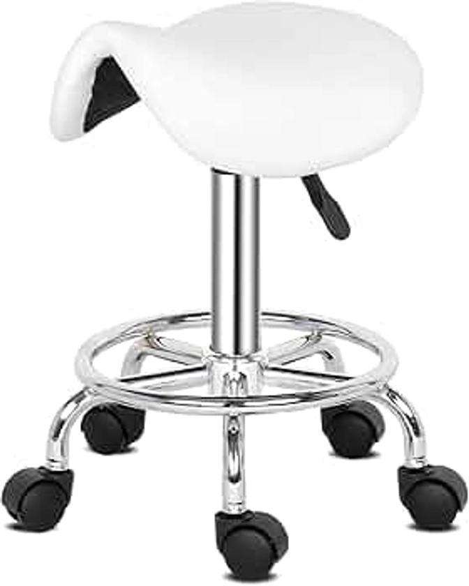 Tabouret de Bureau Tabouret à roulettes Professionnel Rotation à 360° Tabouret de Selle Hauteur Réglable pour Salon de Massage Cuisine Bureau Clinique Pub Couture Peintre Piano/Blanc