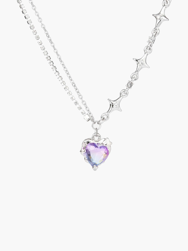 Collier pendentif superposé en strass en forme de cœur