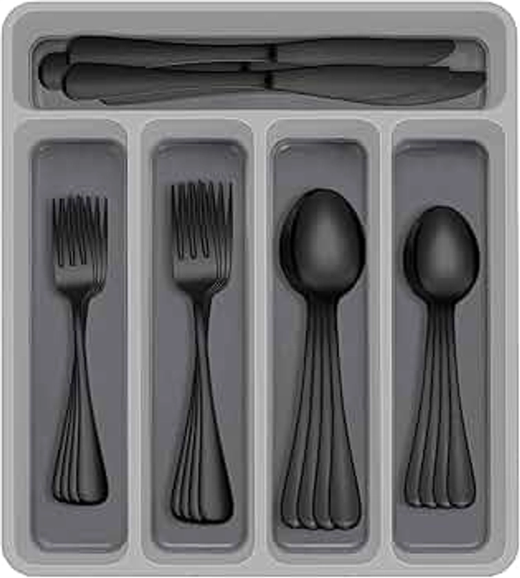 60-Piece Black Silverware Set with Organizer, AIVIKI Stainless Steel Flatware for 12, Cutlery Utensil Set for Home Restaurant, Tableware Includes Knife Fork Spoon Set, Mirror Polished