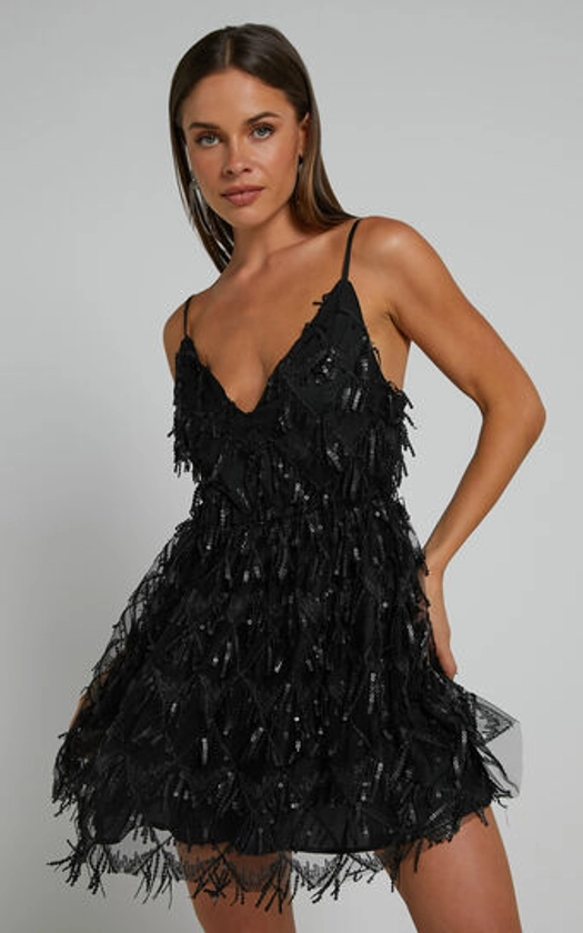 Khrizza Mini Dress - Sequin Gathered Dress in Black