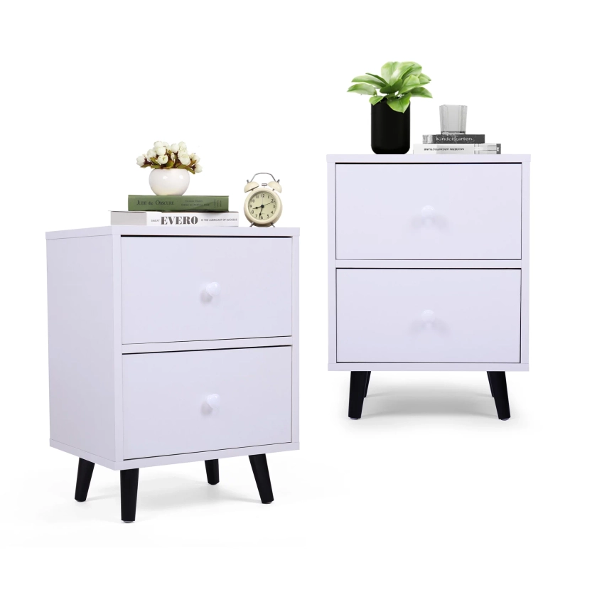 Jaxpety 2 PCS Nightstand End Beside Table 2 Drawer Storage Organizer Room Furniture，White