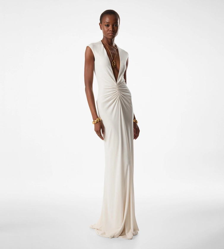 STRETCH SABLE' JERSEY DEEP V-NECK EVENING DRESS