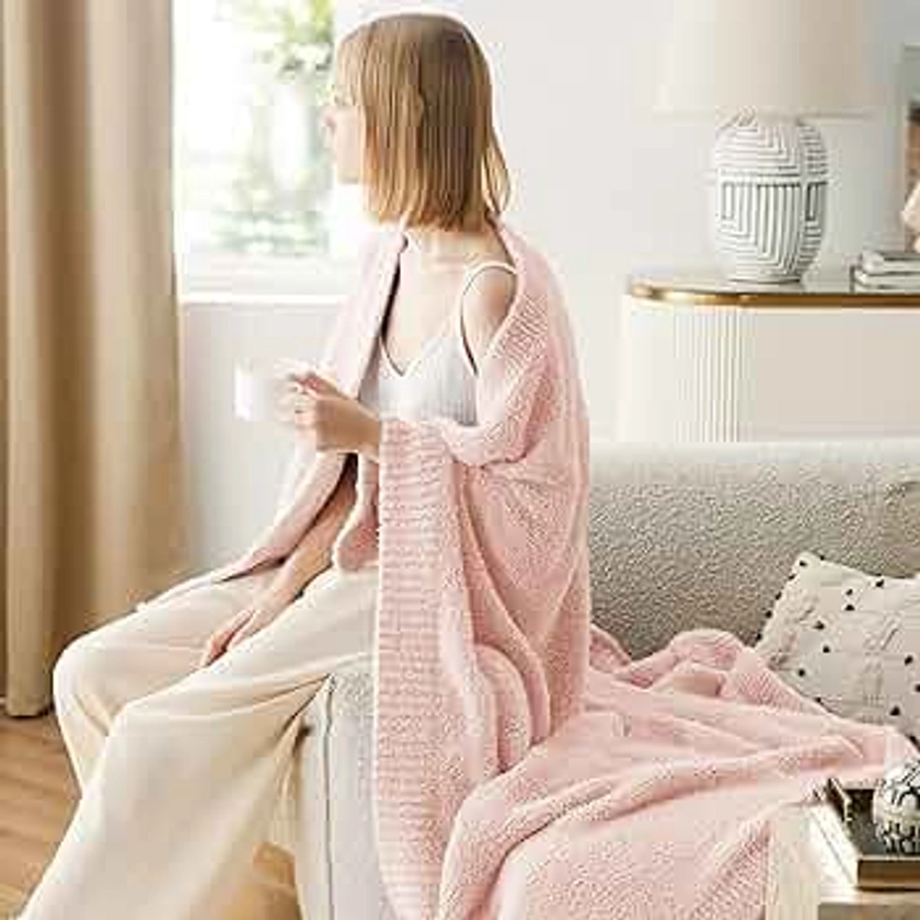 Bedsure Super Soft Knit Throw Blanket - Warm Cozy Reversible Light Pink Blanket, Fluffy Fuzzy Plush Lightweight Print Blanket for Couch Sofa Bed (50" x 60")