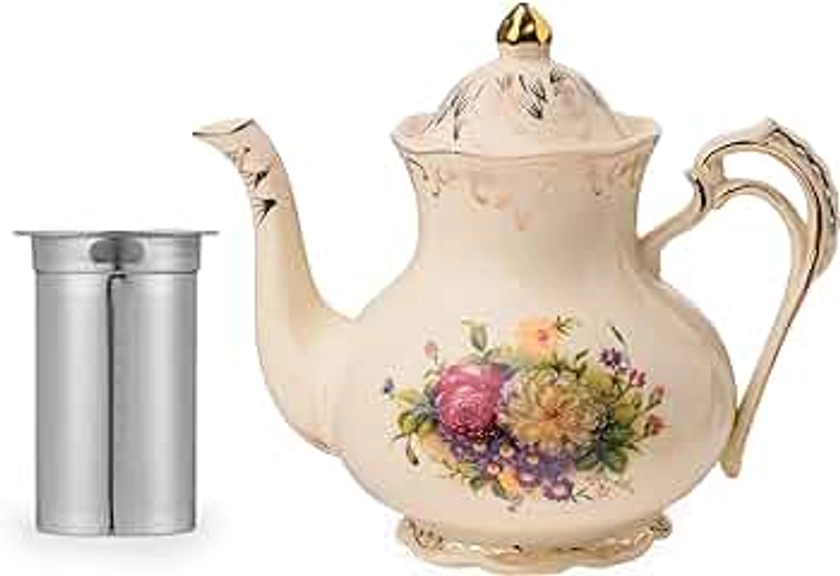 YOLIFE Floral Teapot, 42oz Tea Pot with Removable Infuser, Teapots for Loose Leaf, Vintage Ceramic Teapot with and Gold Leaf Design (Flowering Shrubs)