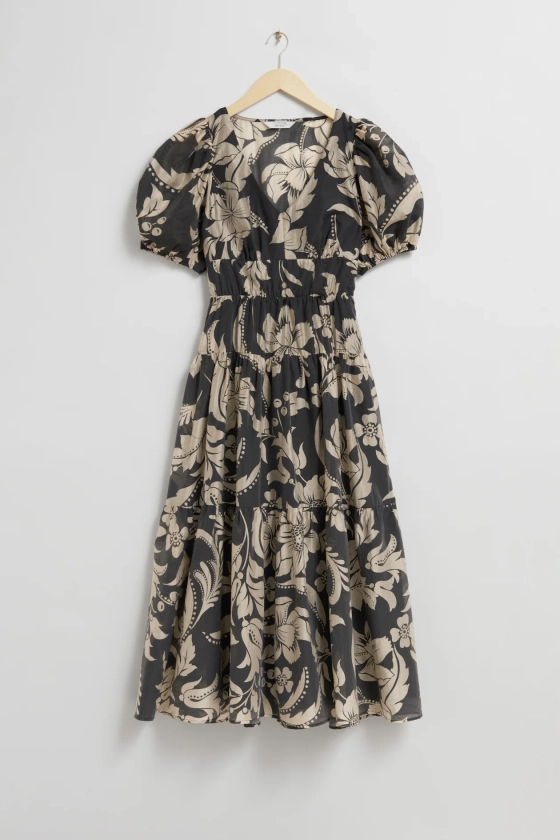 Tiered Midi Dress - V-neck - Short sleeve - Black/Beige Floral Print - Ladies | H&M GB