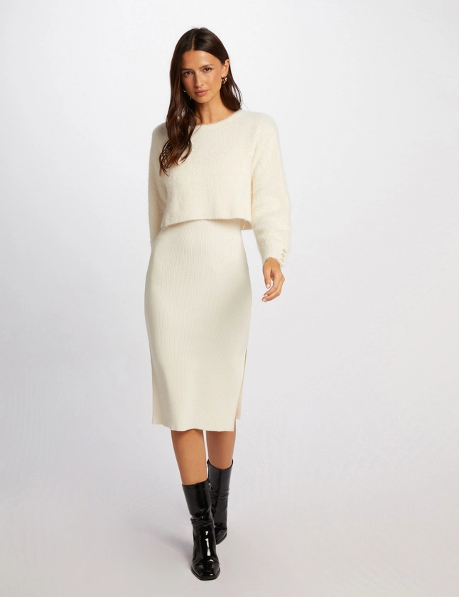 Robe pull midi ajustée 2-en-1 ivoire femme