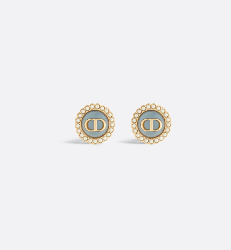 Petit CD Baroque Stud Earrings Gold-Finish Metal with White Resin Pearls and Sky Blue Glass | DIOR