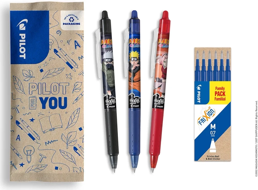 Pilot x NARUTO - 3 stylos FriXion Ball Clicker, Noir, Bleu, Rouge + 1 Set de 6 recharges bleues - Stylos effaçables - Edition limitée Naruto Shipudden - Stylos rollers rétractables - Pointe moyenne