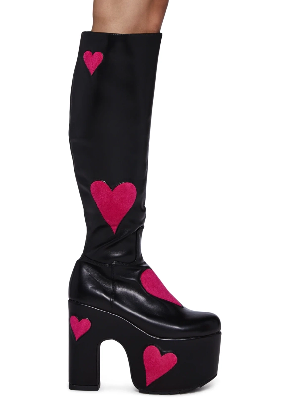 Lamoda Heart Vegan Leather Platform Boots - Black