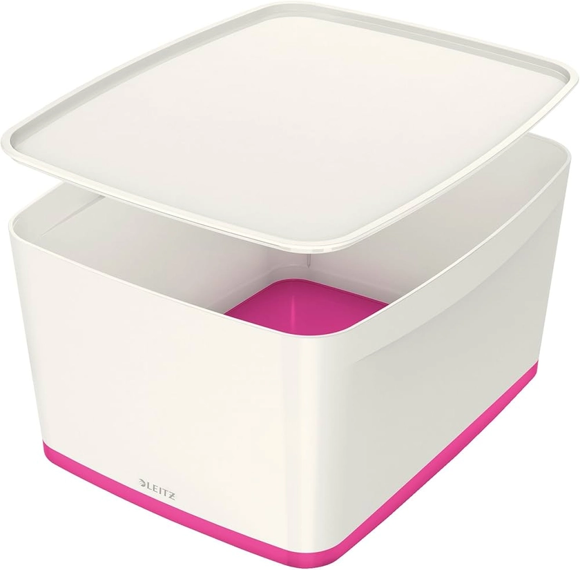 Leitz Large MyBox with Lid, Storage Box for Home and Office, High Gloss Plastic, 18 Litre, A4, White/Pink Metallic