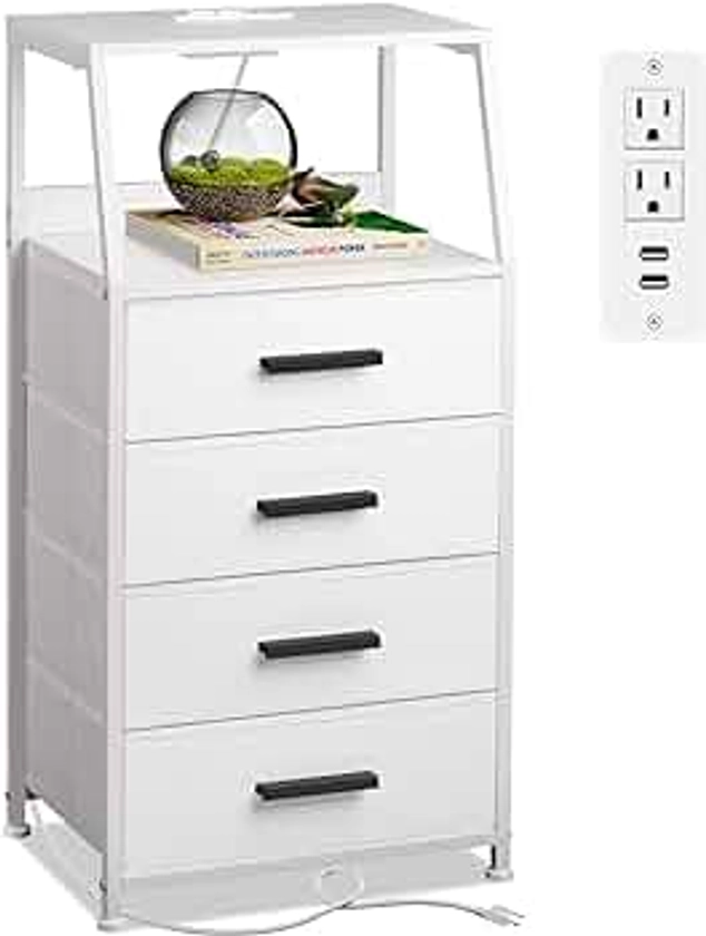 Nightstand 4 Drawer Dresser with Charging Station, Side Table with Fabric Drawers, End Table with Open Shelf, Bedside Table, Tall Dresser for Bedroom, Hallway, Entryway (White)