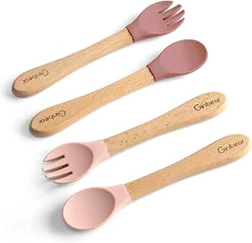 Ginbear Silicone Baby Spoon and Fork Self-feeding, Baby Flatware Sets for Girl, Toddler Feeding Utensils for Child 6 Months+ (Mauve/Pink)