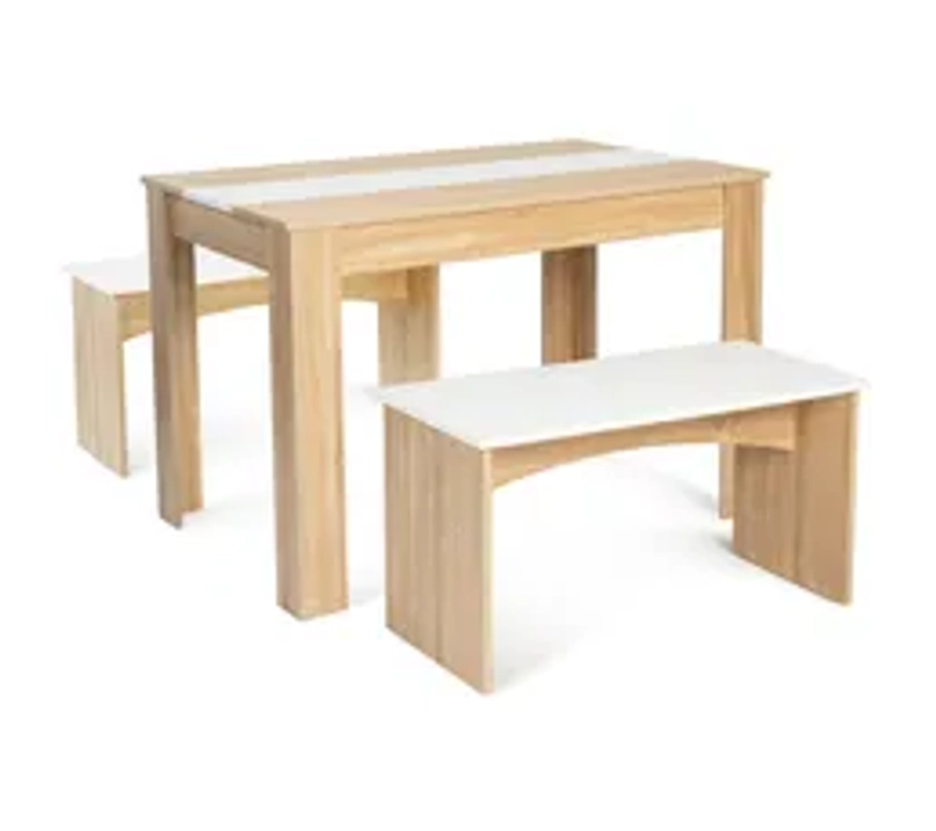 Ensemble Table À Manger Et 2 Bancs Rozy 4 Personnes Hêtre Et Blanc 110 Cm