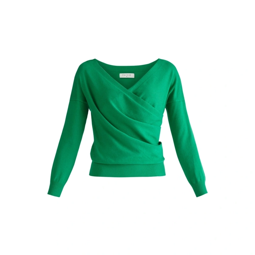 Knitted Wrap Top With Long Sleeves In Emerald Green