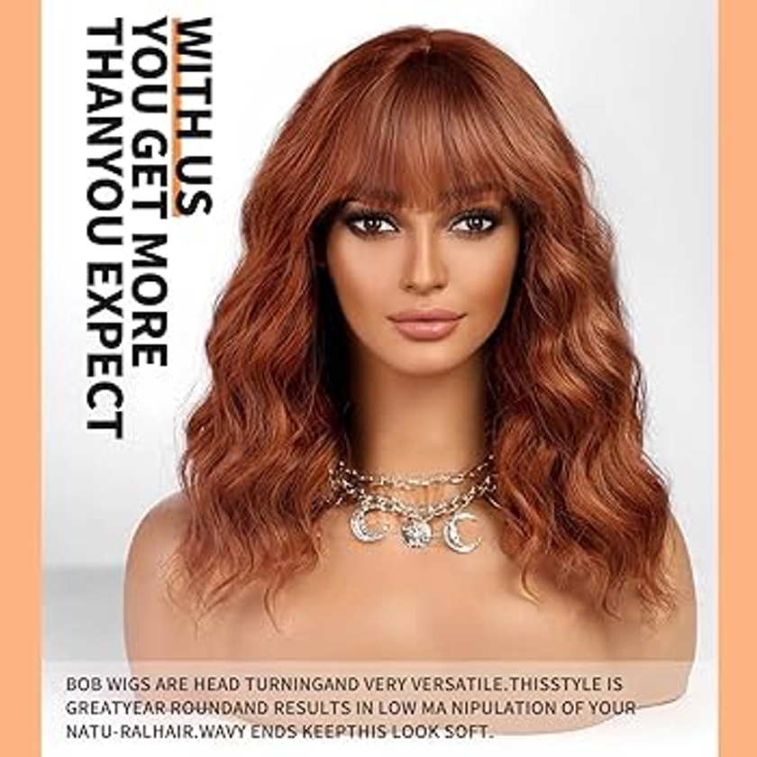 KOME Ginger Curly Bob Wig with Bangs Short Wavy Ombre Copper Wigs for Women Lob Haircut Synthetic Heat Resistant Bob Wigs 14IN…