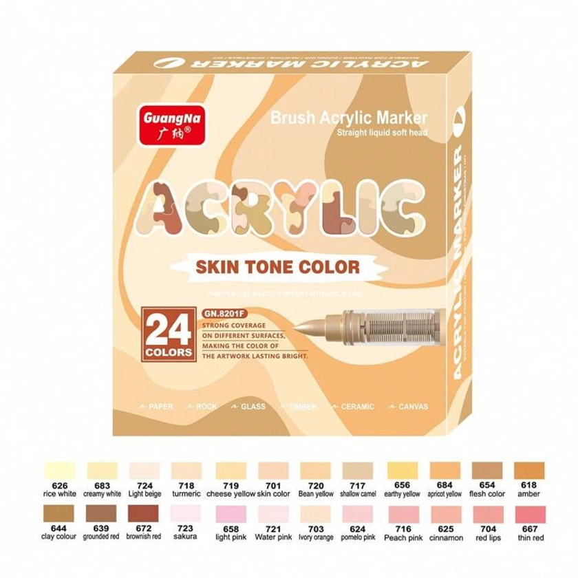 24 couleurs Marqueurs de peinture acrylique de couleur de peau à pointe de pinceau pour la peinture de roche, canevas en bois et en pierre, DIY, bande dessinée coloration de la peau