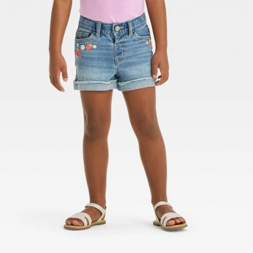 Toddler Girls' Strawberry Embroidered Jean Shorts - Cat & Jack™ Blue 4T: Adjustable Waist, Fringe Rolled Hem, Cotton Blend