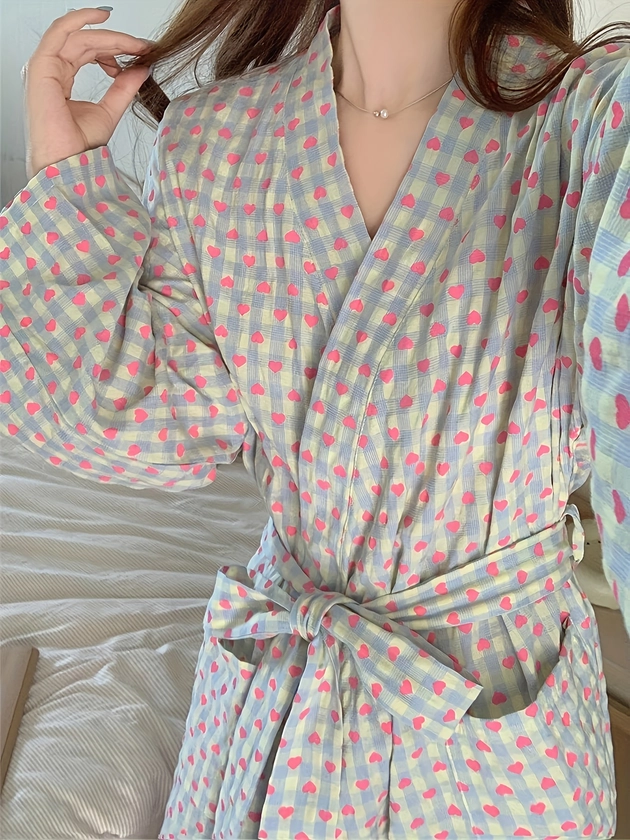 Casual Heart Print Lounge Robe Long Sleeve V Neck - Temu Canada