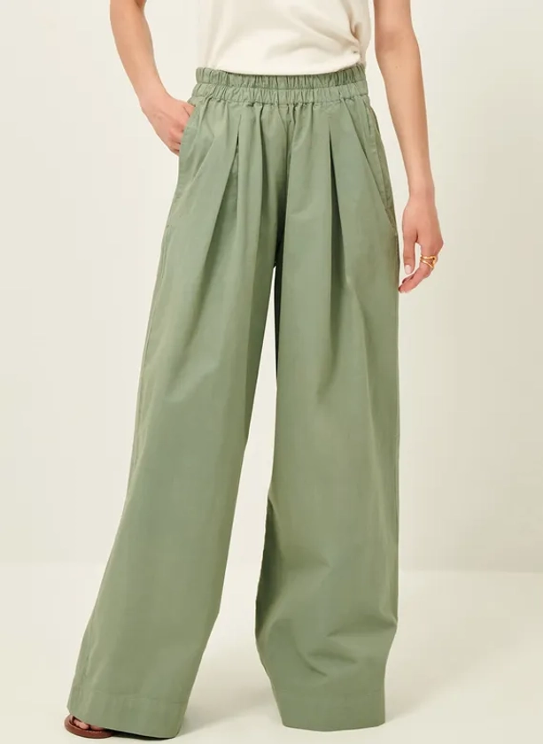 Pantalon large taille haute en coton bio | Vert
