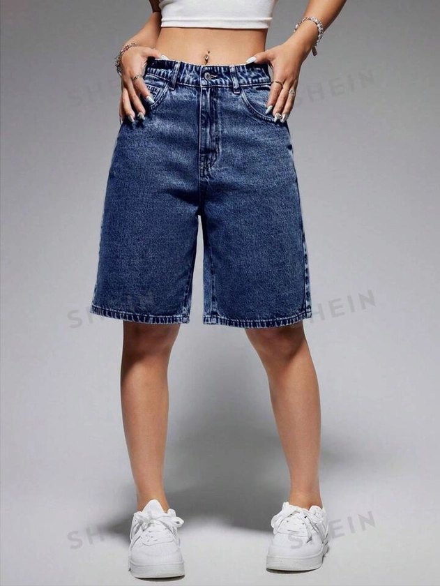 SHEIN ICON Ladies" Plain Color Denim Shorts With Pockets And Buttons