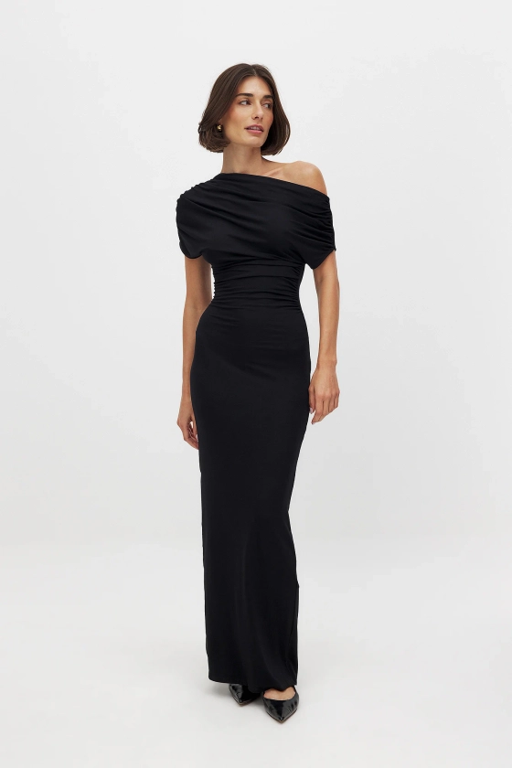 Soft Line Draped Maxi Dress Black