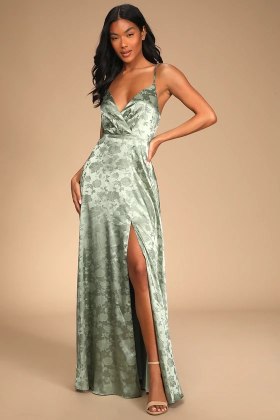 Forever Exquisite Sage Green Satin Surplice Maxi Dress