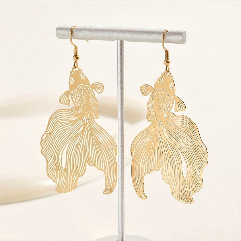 Exquisite Hollow Goldfish Design Dangle Earrings Retro Cute Style Copper Jewelry Trendy Female Earrings Daily Casual