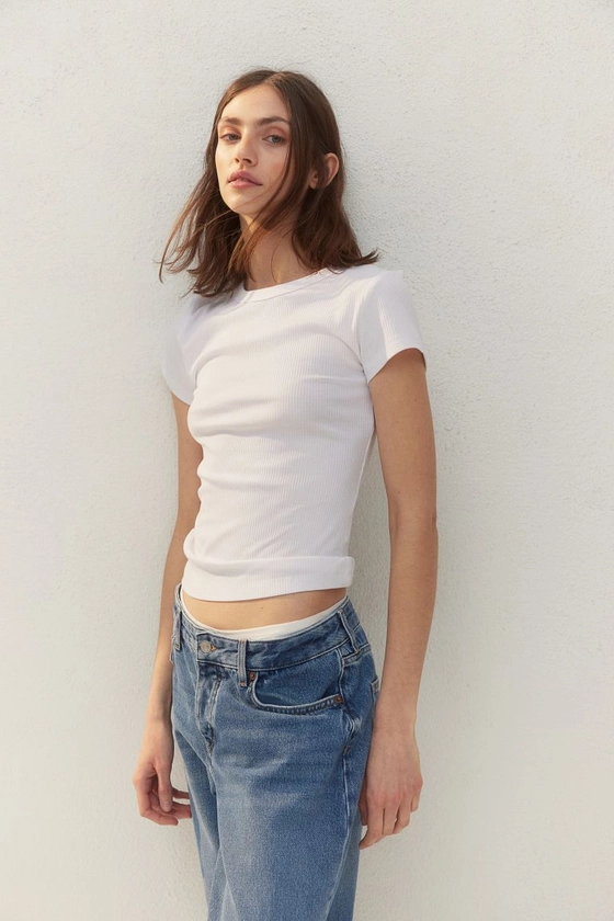 T-shirt côtelé - Encolure ronde - Manches courtes - Blanc - FEMME | H&M BE