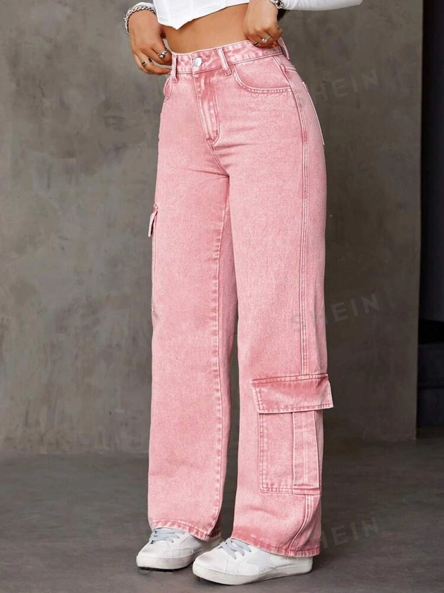 SHEIN ICON Asymmetric Cargo Style Straight Leg Jeans With Pockets