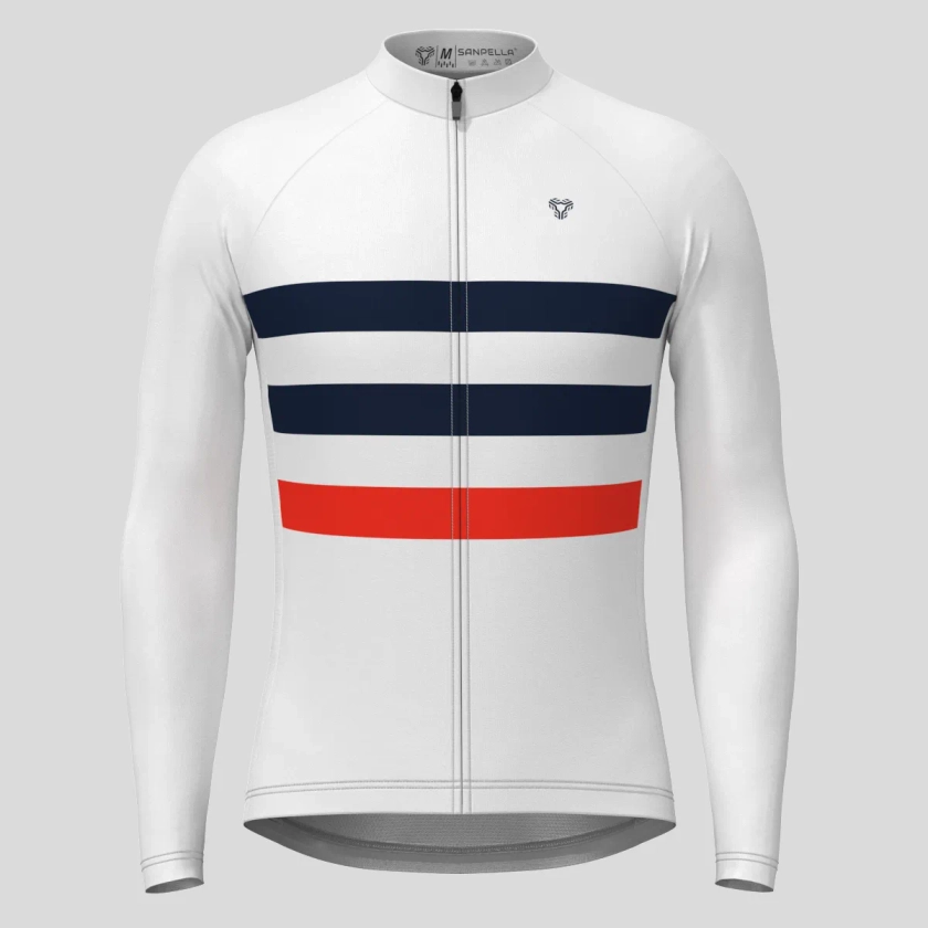 Men's Classic Stripes LS Cycling Jersey - White/Navy/Red | Sanpella.cc