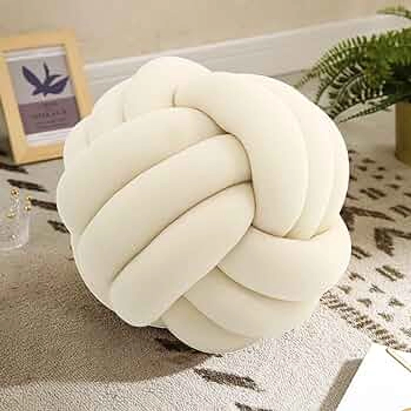 Knot Pillow Ball,Round Throw Pillows,Ivory Decorative Ball Pillows for Couch,Soft Home Décor Knotted Pillow,Modern Handmade Braided Pillow Ivory 20cm