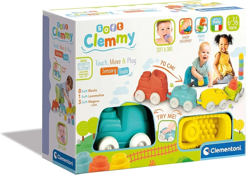 Clementoni Baby - 17424 - Soft Clemmy - Train sensoriel Clemmy - premières Briques Jouet, Construction - Bloc Souple bébé 6 Mois - fabriqué en Italie Multicolore
