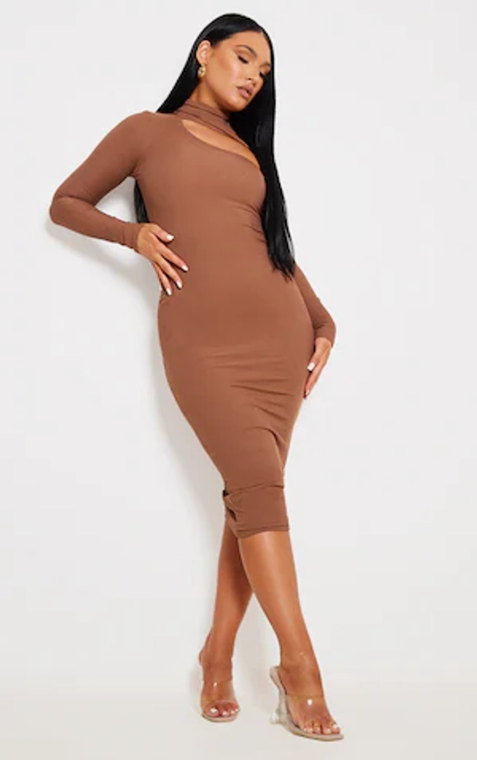 Chocolate Ribbed High Neck Cut Out Midaxi Dress