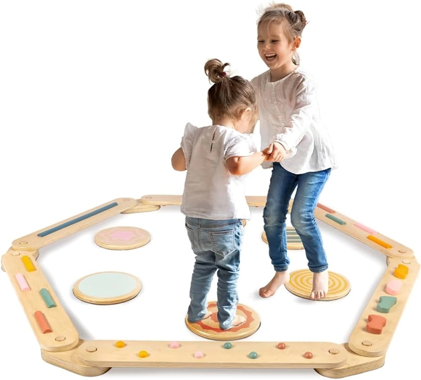 LOL-FUN Kids Wooden Balance Beam with Stepping Stones, Wooden Balance Board Toys Build Coordination, Agility And Strength, Obstacle Course for Toddler Outdoor
