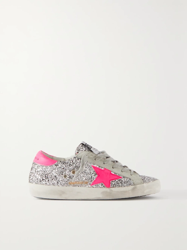 GOLDEN GOOSE Superstar glittered distressed leather and suede sneakers | NET-A-PORTER