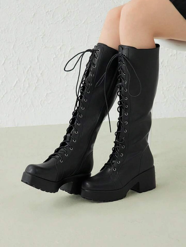 Botas de combate de plataforma elegantes negras de moda con cordones delanteros para mujer, zapatos de vacaciones de verano en oferta para Halloween