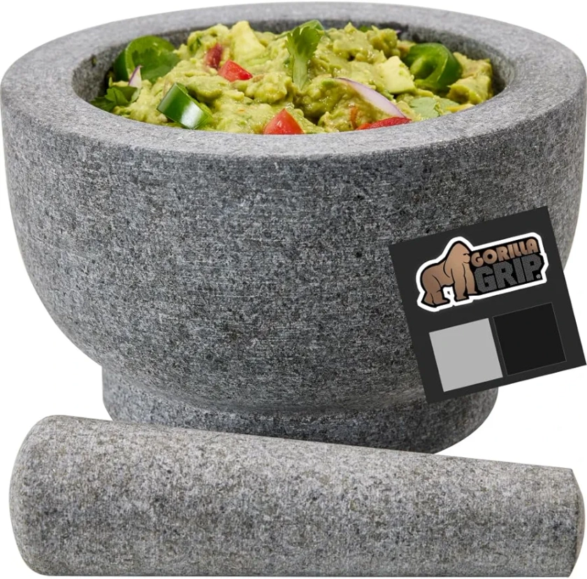 Gorilla Grip 100% Granite Slip Resistant Mortar and Pestle Set, Stone Guacamole Spice Grinder Bowls, Large Molcajete for Mexican Salsa Avocado Taco Mix Bowl, Kitchen Cooking Accessories, 1.5 Cup, Gray