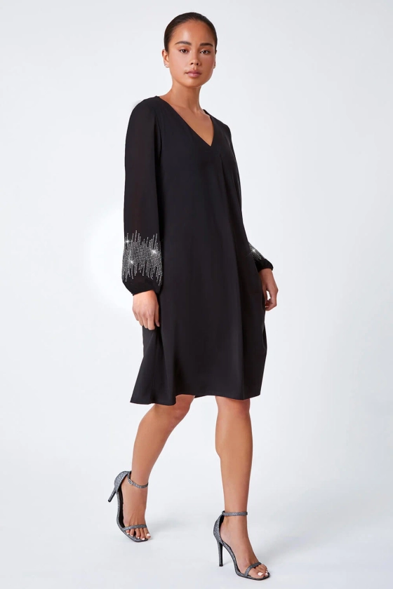 Black Petite Sparkle Sleeve Stretch Dress | Roman UK