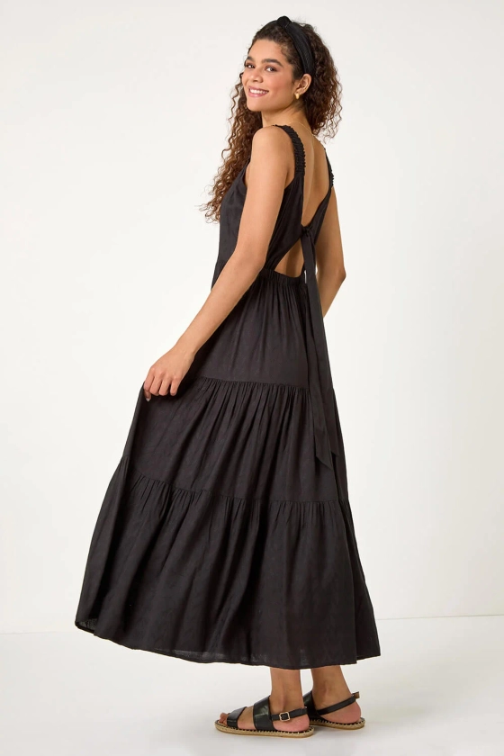 Black Textured Tie Back Tiered Maxi Dress | Roman UK