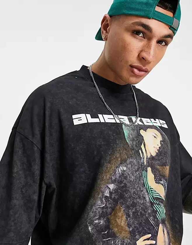 ASOS DESIGN oversized acid wash t-shirt with Alicia Keys print in black