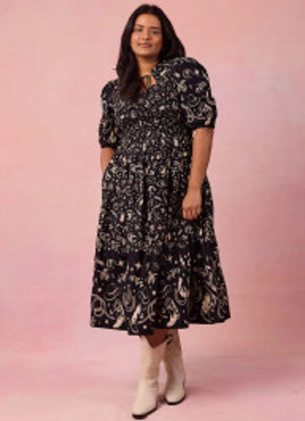 Jesse Western Print Tie Neck Midi Dress