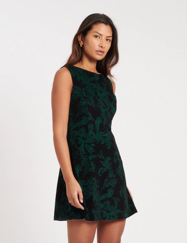 Green Floral Cord Boston Mini Pinafore Dress