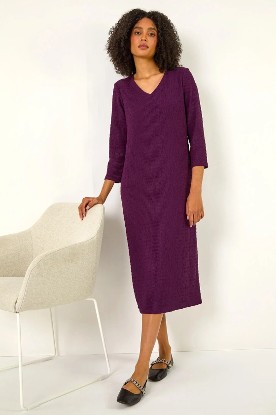 Purple Textured V-Neck Stretch A-Line Dress | Roman UK