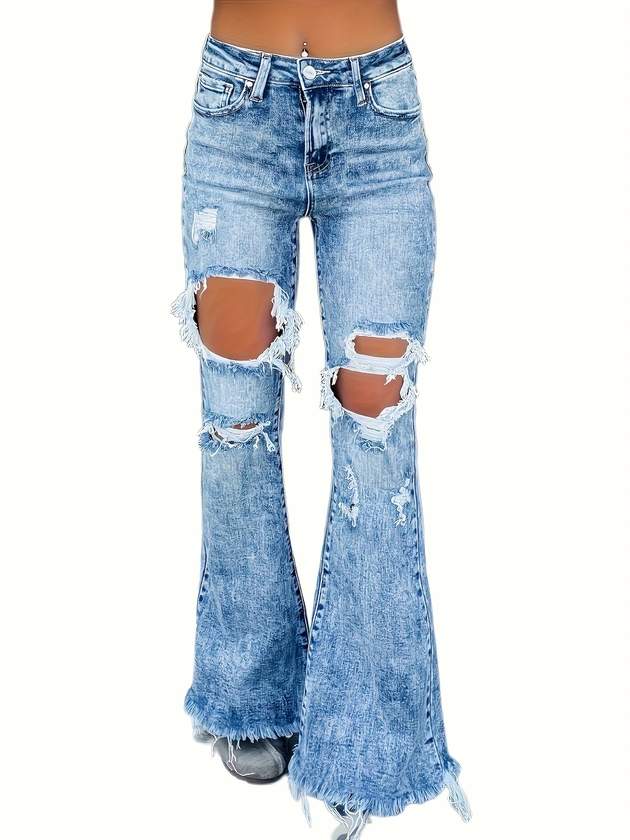 Blue Trim Flare Jeans Bell Bottom Distressed High - Temu