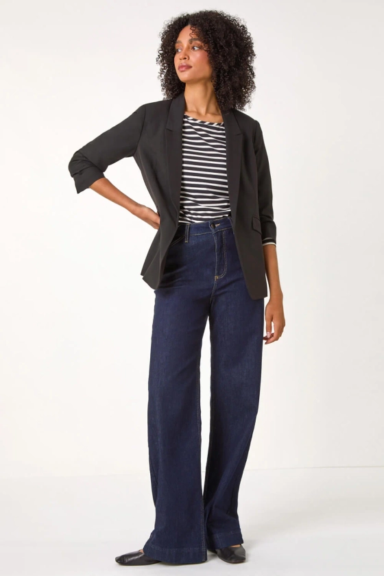 Black Ruched Sleeve Stretch Blazer | Roman UK