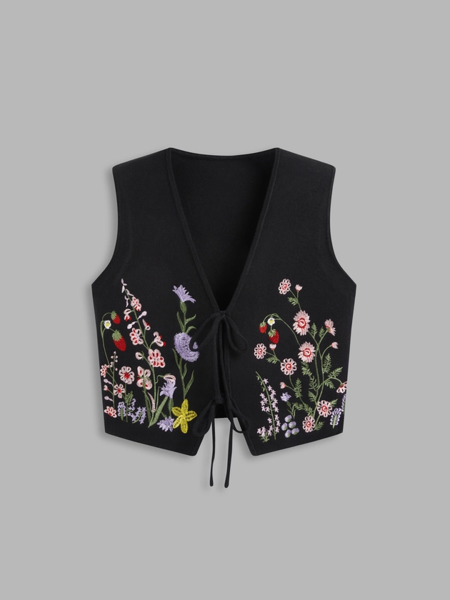 Sweater Vest Knit Fabric Knit V-neck Floral Embroidery Tie Front Vest For Vacation