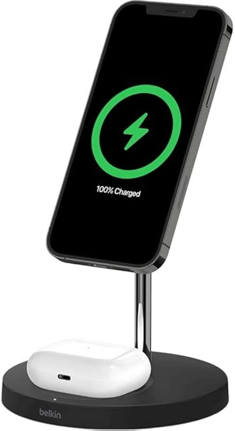 Belkin Station de recharge 2-en-1 Stand avec MagSafe (chargeur rapide de 15 W pour tous les modèles de l’iPhone 14, iPhone 13, AirPods et autres appareils MagSafe, adaptateur secteur inclus, Noir)