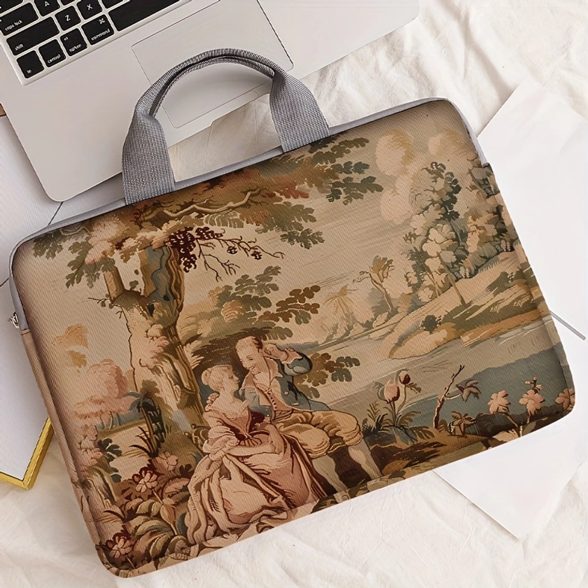 Vintage Oil Painting Pattern Laptop Sleeve, Polyester * Computer Case with Fixed Shoulder Strap for 35.56 cm Laptops, Zip Closure, College Office Daily Commute, Unlined, 1-Pack