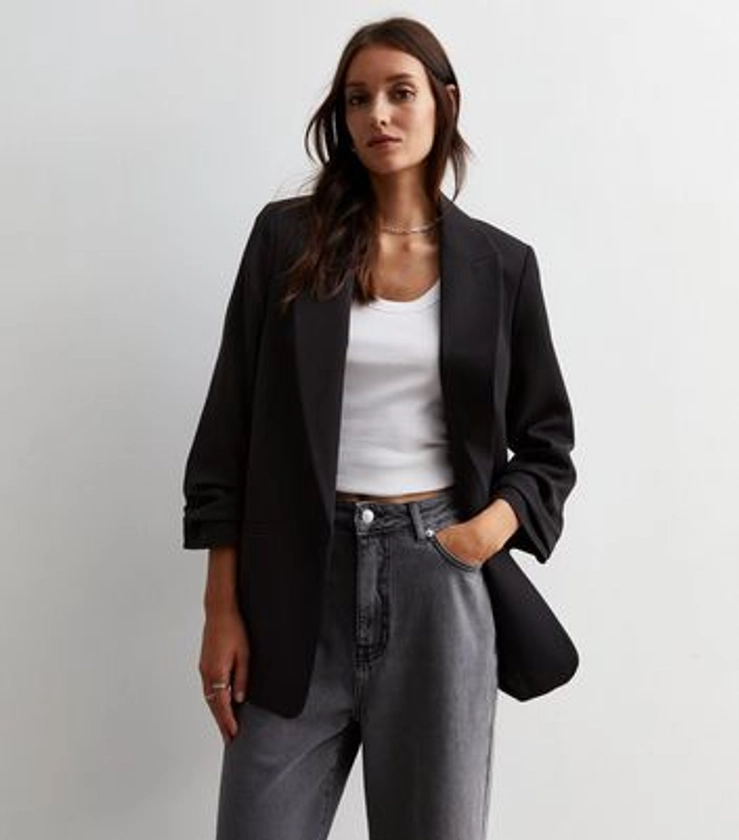 Black Ruched Sleeve Oversized Blazer