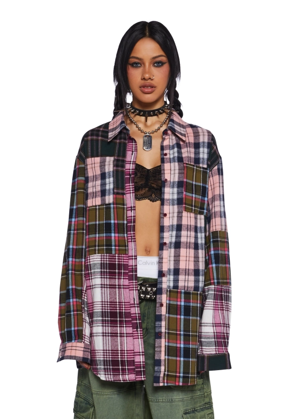 Current Mood Punquetee Punk Rock Oversized Mixed Flannel Plaid Button Down Long Sleeve Top - Multi